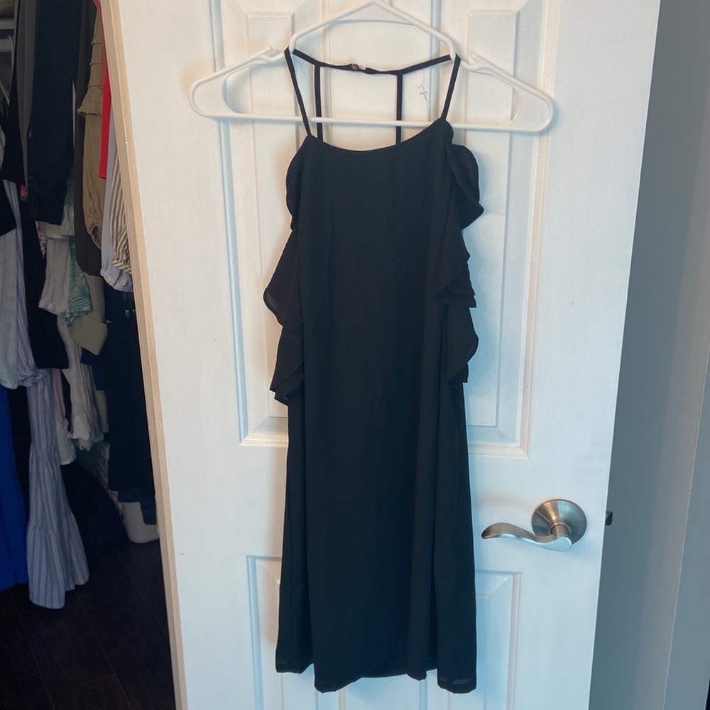 High neck, strappy back with ruffle detail cocktail dress